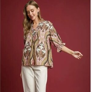 Umgee Pink and Brown Floral Blouse